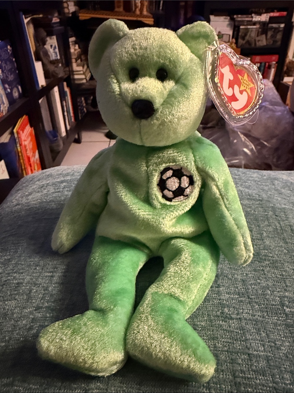 Ty Beanie Baby Kicks the Soccer Bear Push Toy Green Bear